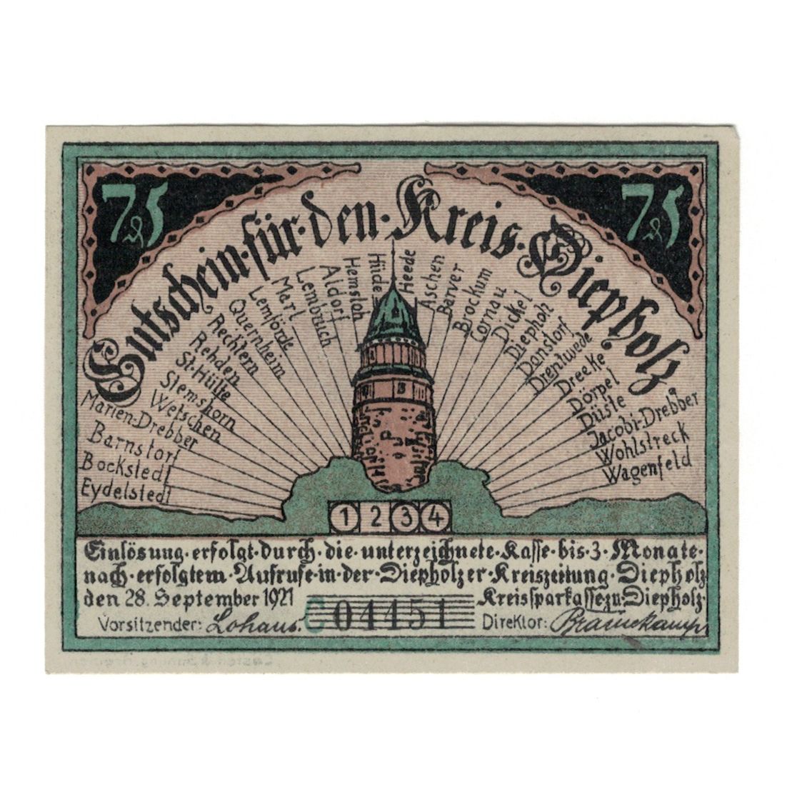 Banknote, Germany, Diepholz Kreis, 75 Pfennig, cochon, 1921, 1921-08-15
