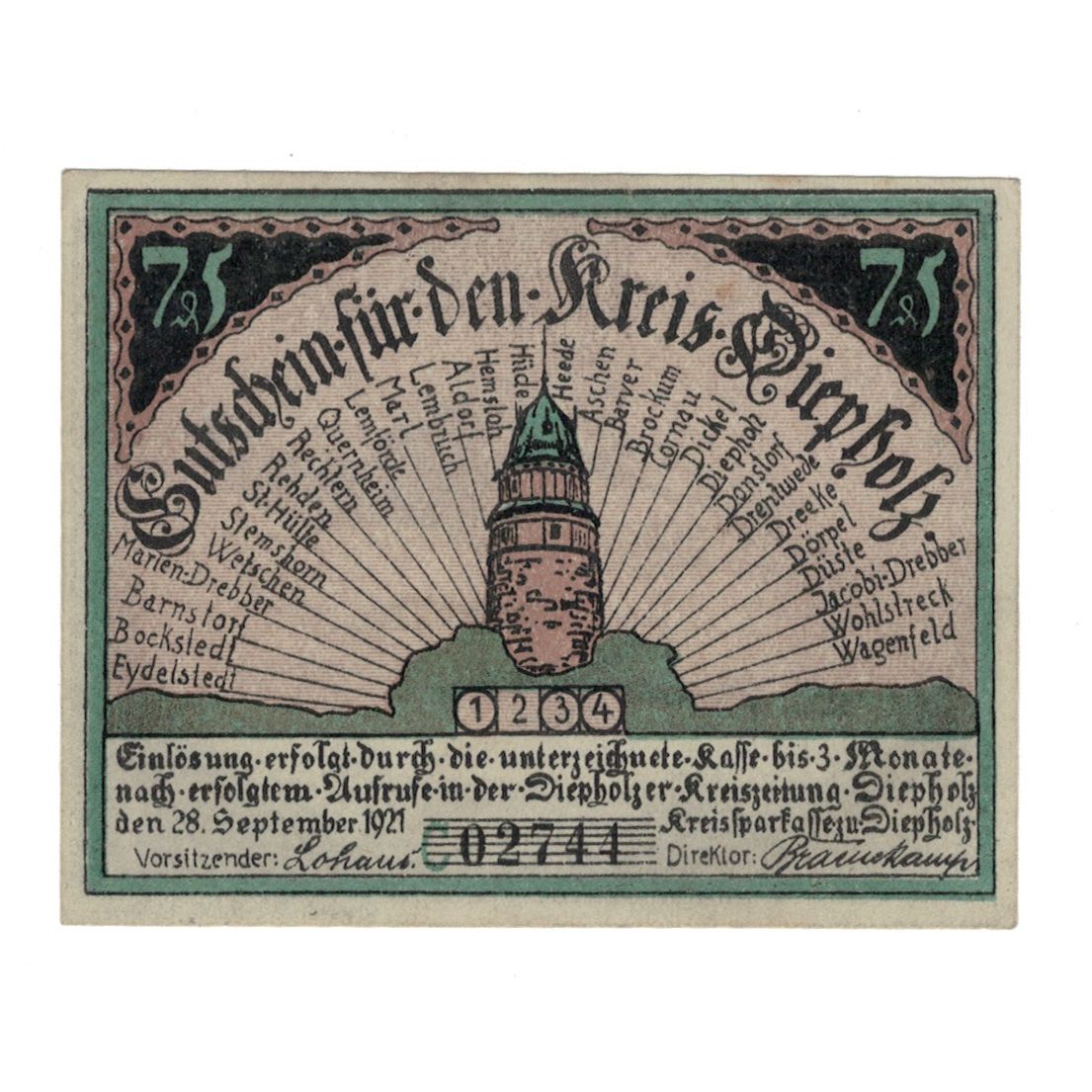 Banknote, Germany, Diepholz Kreis, 75 Pfennig, Cochon 1, 1921, 1921-08-15