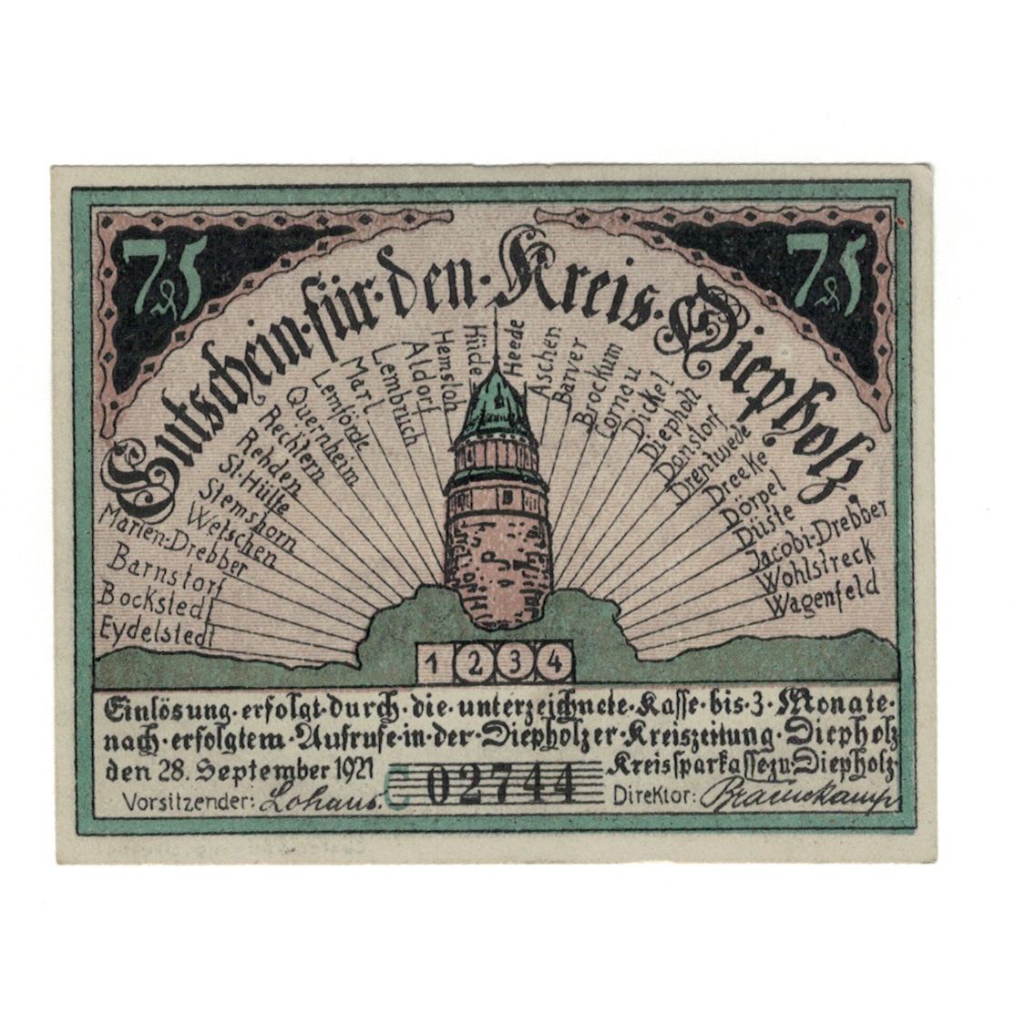 Biljet, Duitsland, Diepholz Kreis, 75 Pfennig, cochon, 1921, 1921-08-15, SUP