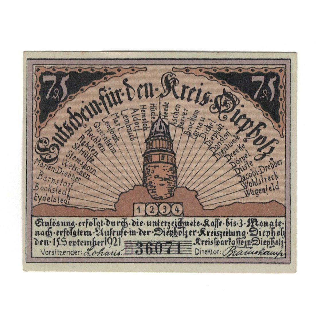 Banknote, Germany, Diepholz Kreis, 75 Pfennig, Cochon 3, 1921, 1921-08-15