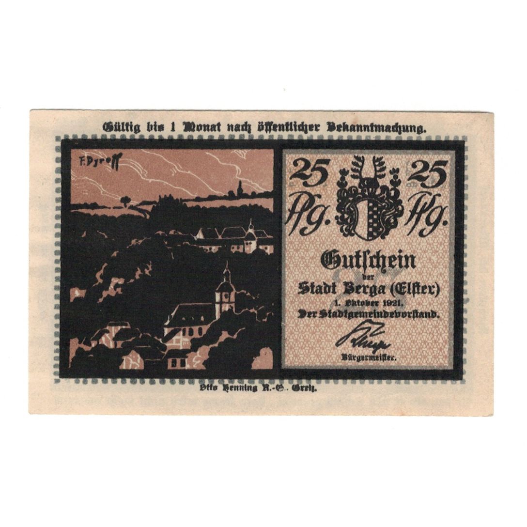 Banknote, Germany, Berga, 25 Pfennig, cheval, 1921, 1921-10-01, AU(55-58)