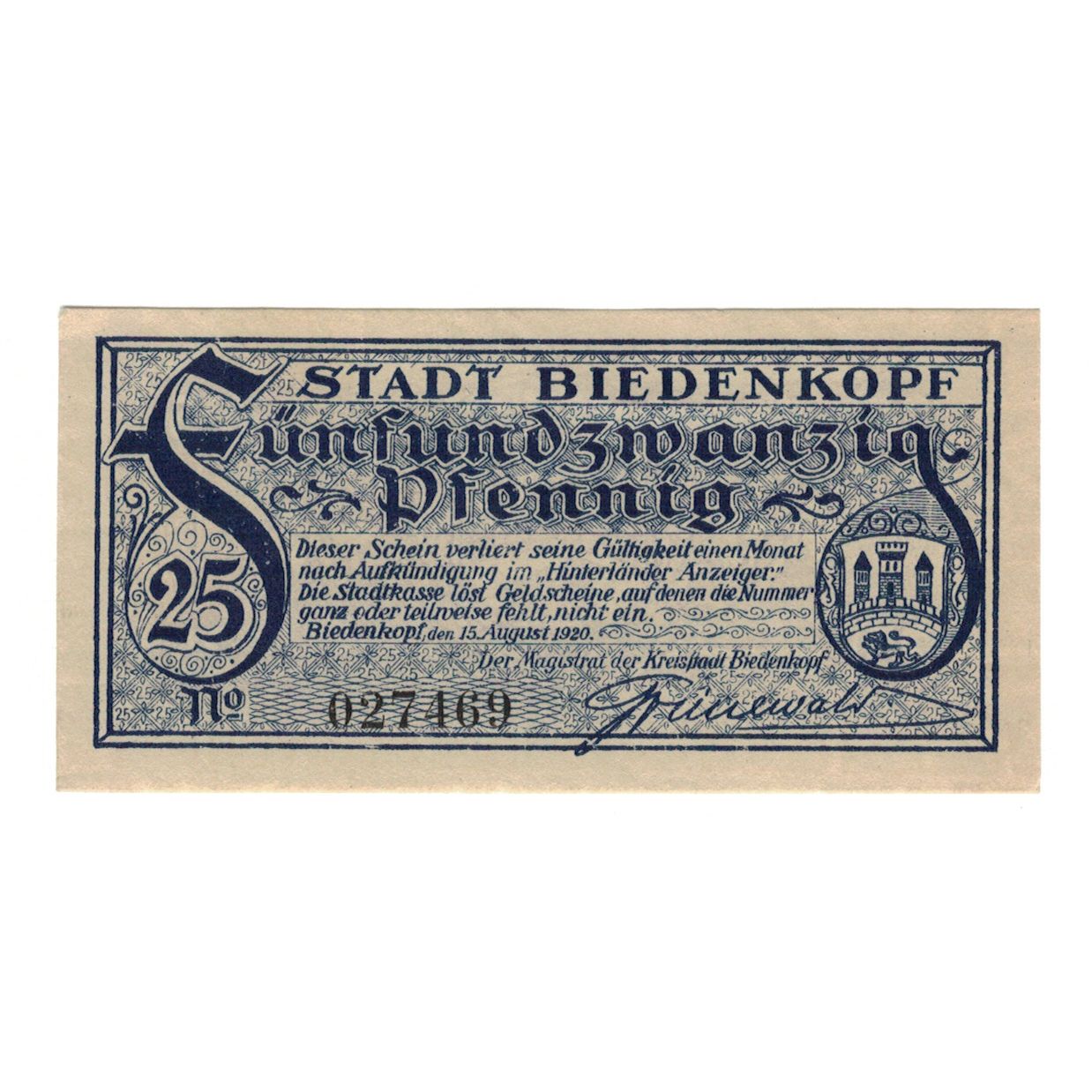 Banknote, Germany, Biedenkopf Stadt, 25 Pfennig, Blason, 1920, 1920-08-15
