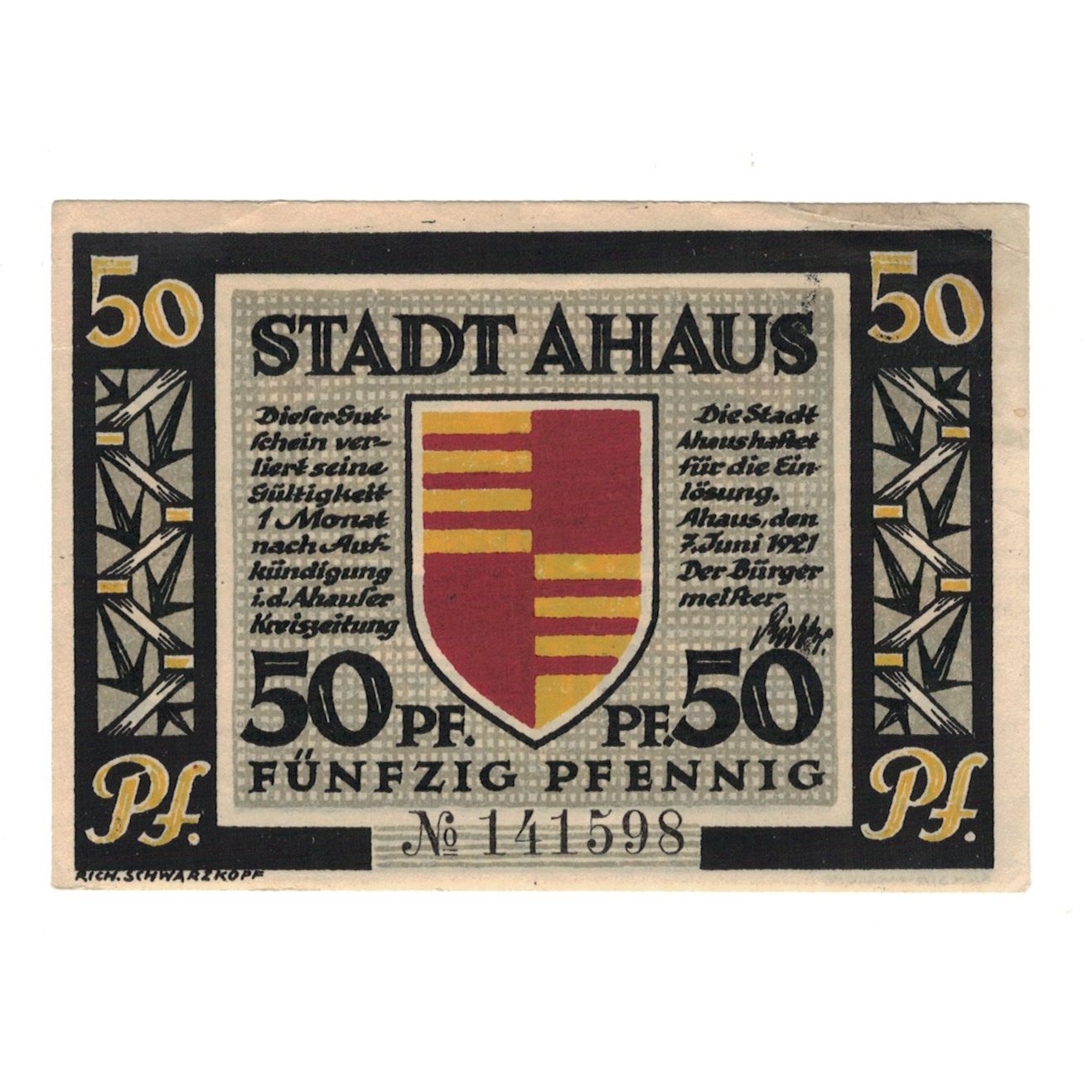 Billete, Alemania, Ahaus Stadt, 50 Pfennig, village, 1921, 1921-06-07, EBC