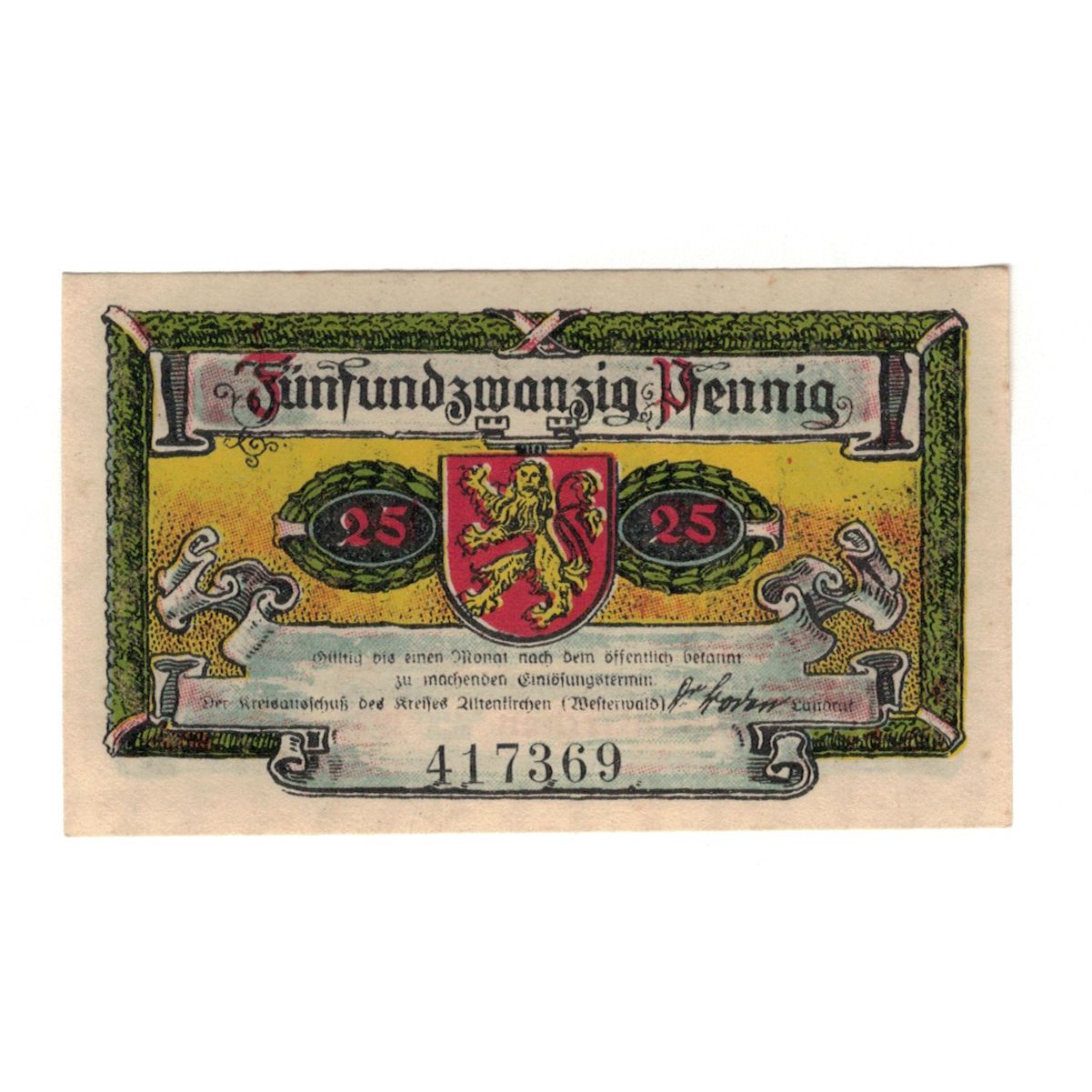 Banknote, Germany, Altenkirchen Kreis, 25 Pfennig, batiment 1, 1921, AU(55-58)