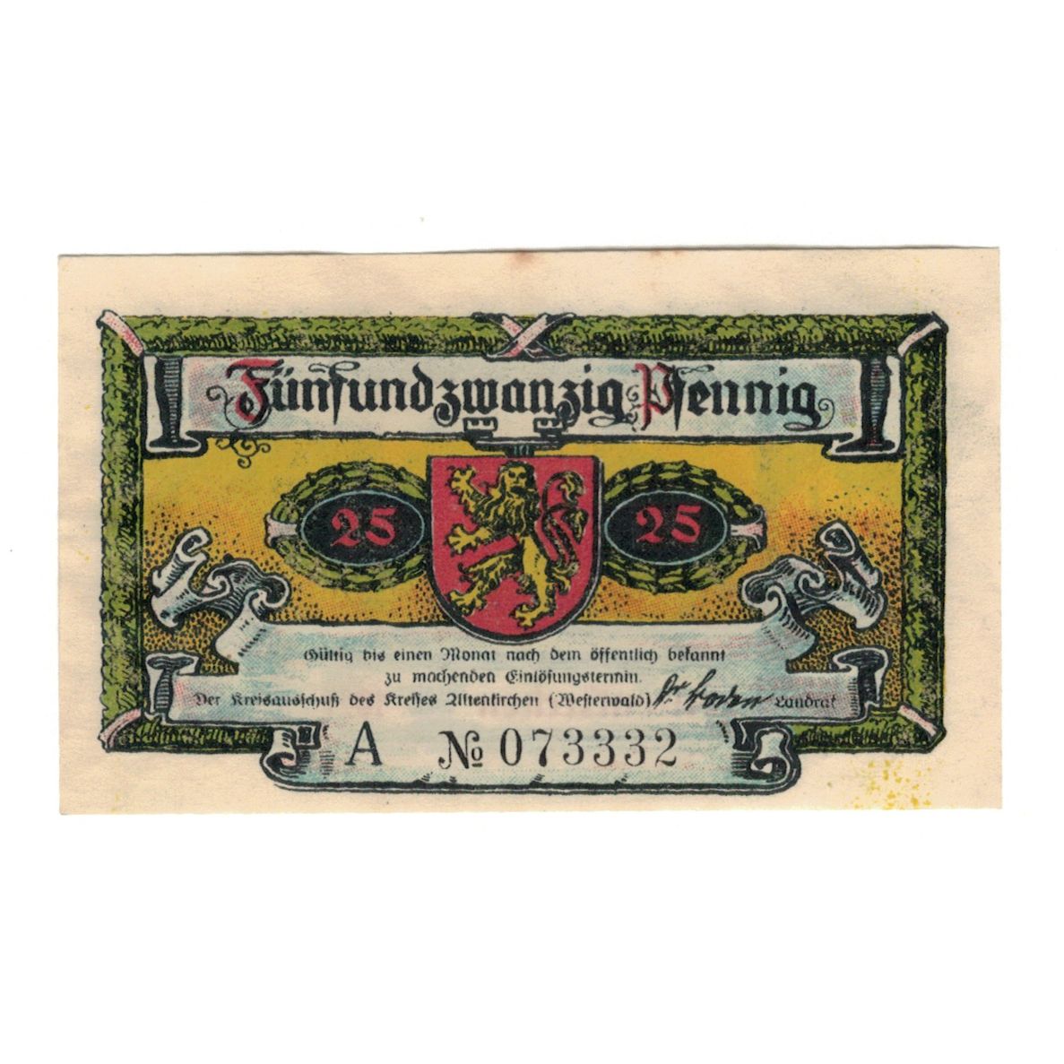 Banknot, Niemcy, Altenkirchen Kreis, 25 Pfennig, batiment 3, 1921, AU(55-58)