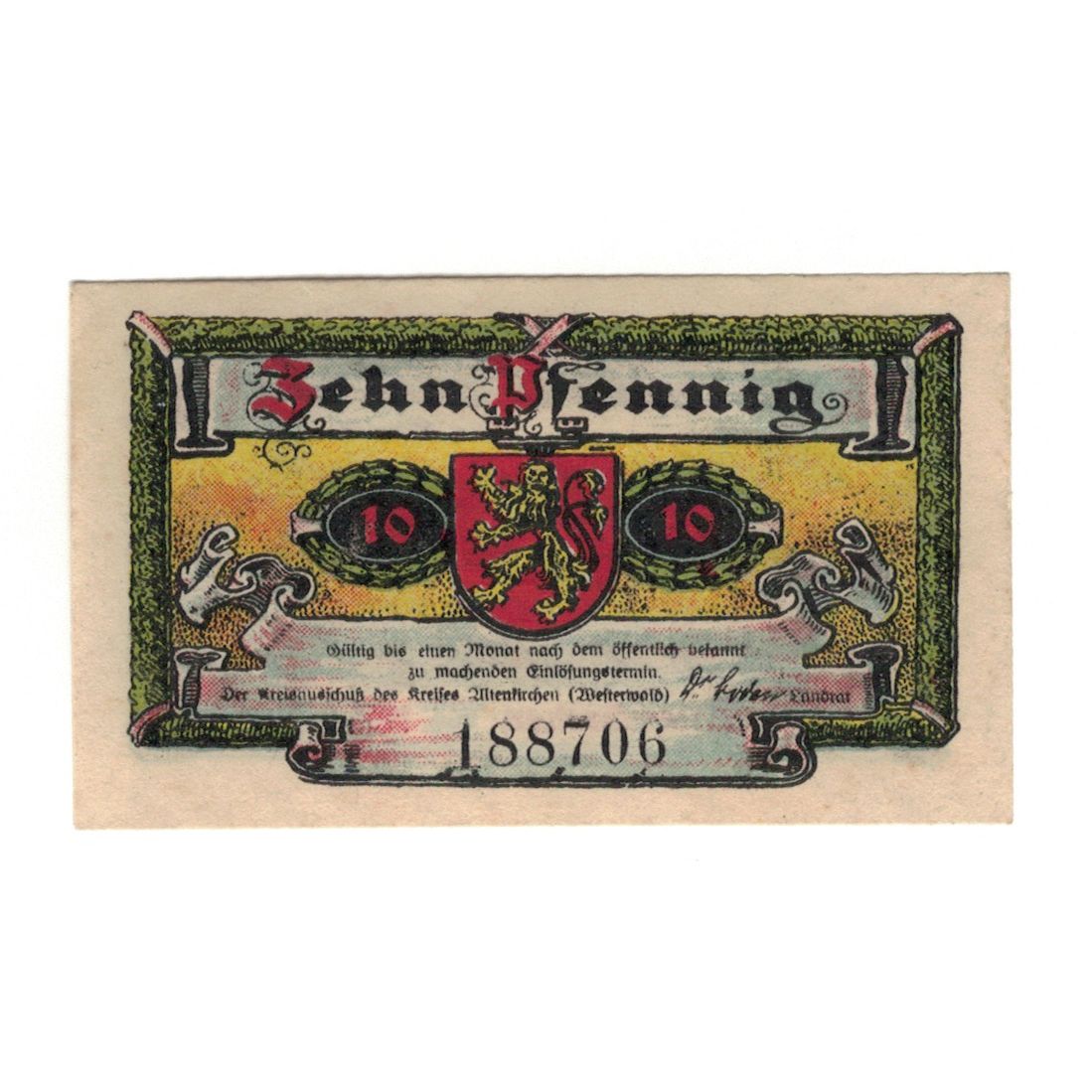Banknot, Niemcy, Altenkirchen Kreis, 10 Pfennig, village, 1921, AU(55-58)