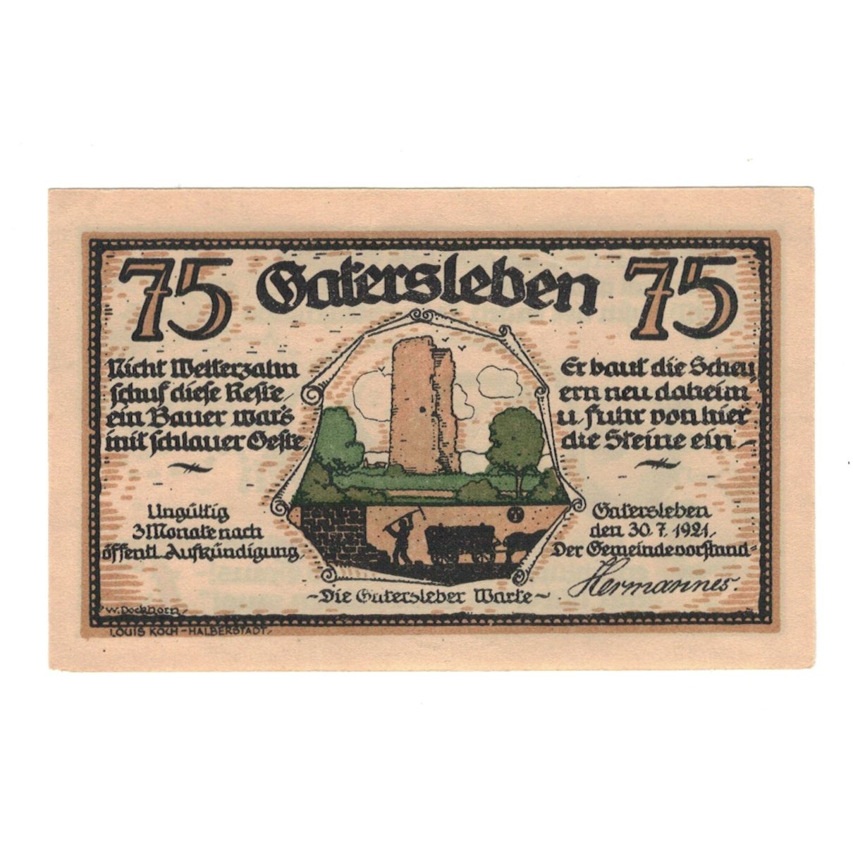 Banknot, Niemcy, Gatersleben Gemeinde, 75 Pfennig, personnage 1, 1921