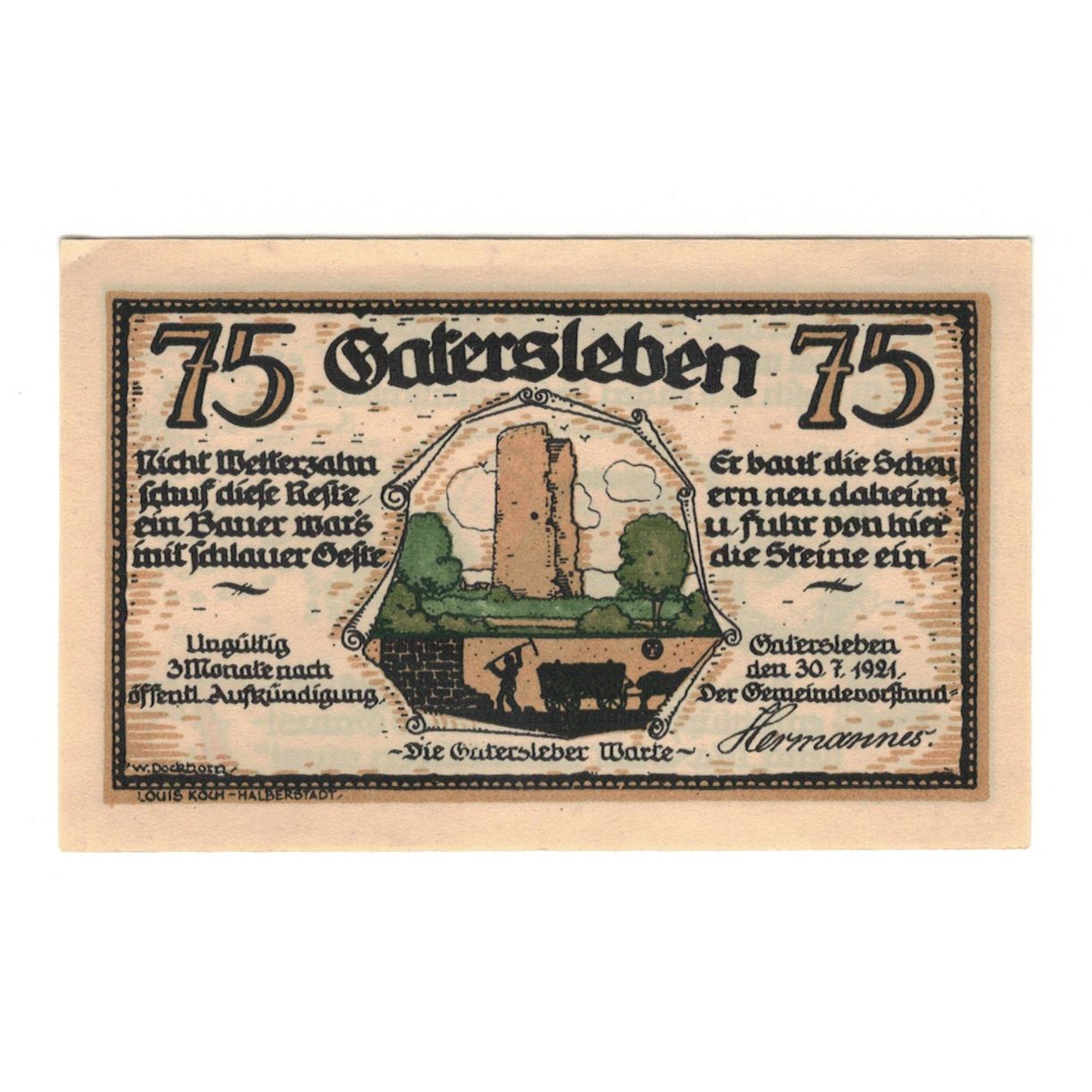 Banknot, Niemcy, Gatersleben Gemeinde, 75 Pfennig, personnage 2, 1921