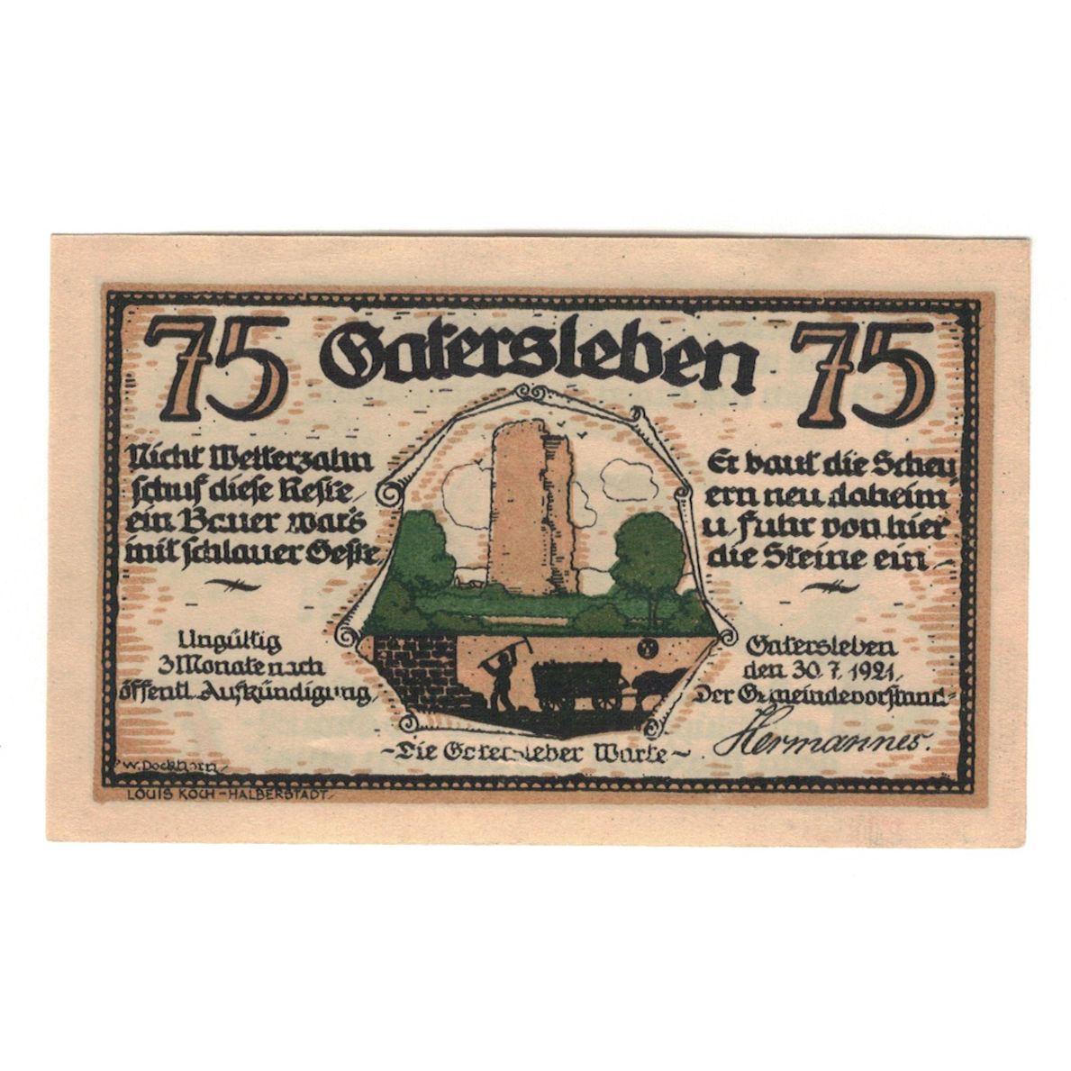 Geldschein, Deutschland, Gatersleben Gemeinde, 75 Pfennig, personnage 3, 1921