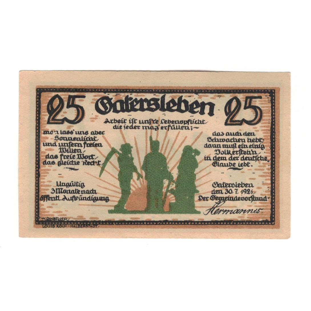 Banknot, Niemcy, Gatersleben Gemeinde, 25 Pfennig, personnage 3, 1921