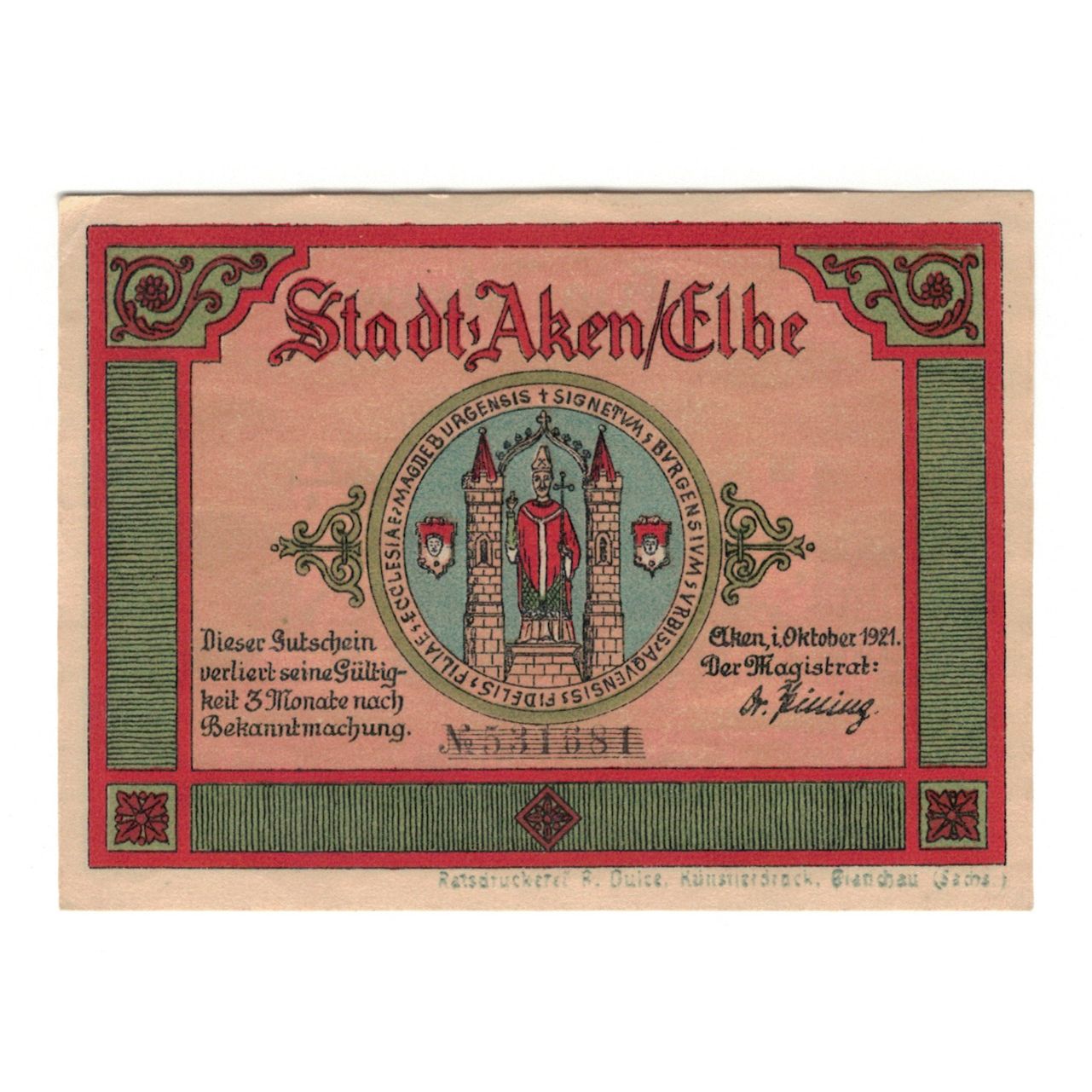Geldschein, Deutschland, Aken Stadt, 50 Pfennig, village, 1921, 1921-10-01, VZ+