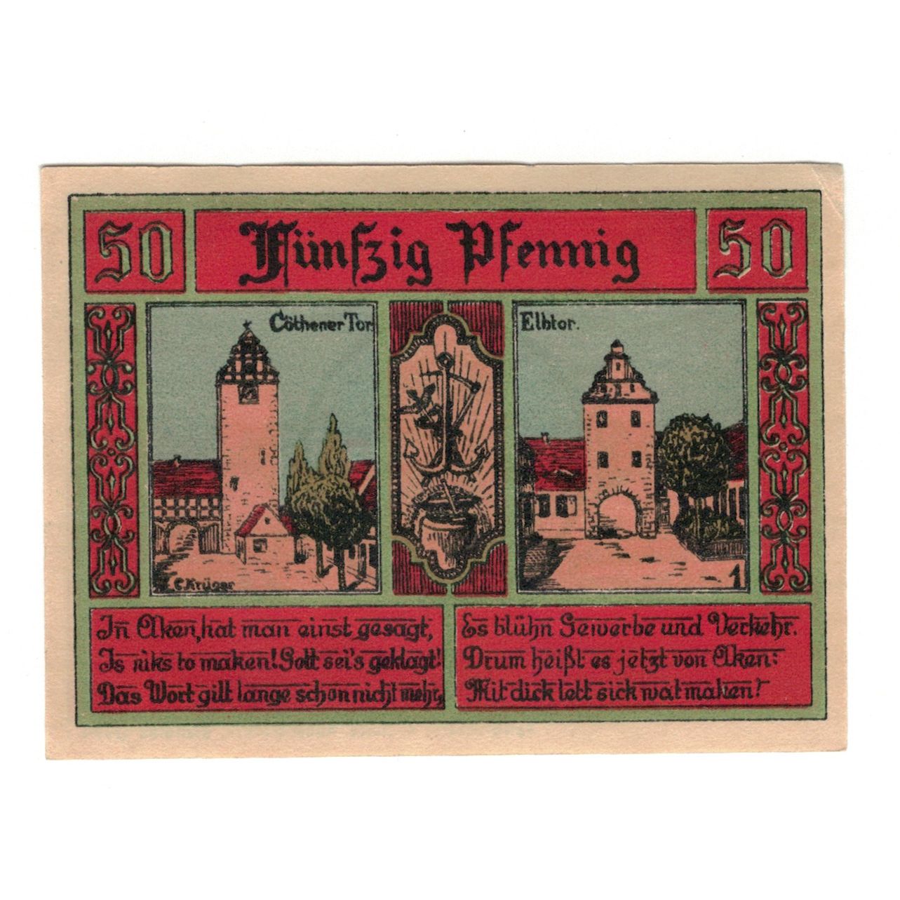 Geldschein, Deutschland, Aken Stadt, 50 Pfennig, village, 1921, 1921-10-01, VZ+
