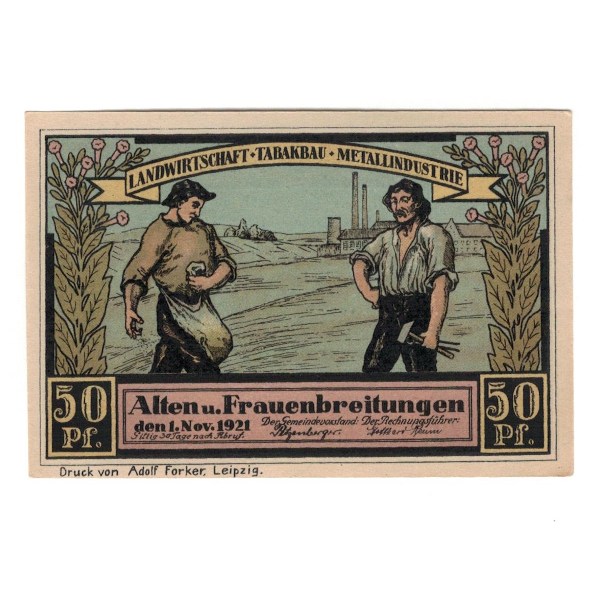 Banknot, Niemcy, Alten-und Frauenbreitungen Gemeinde, 50 Pfennig, personnage
