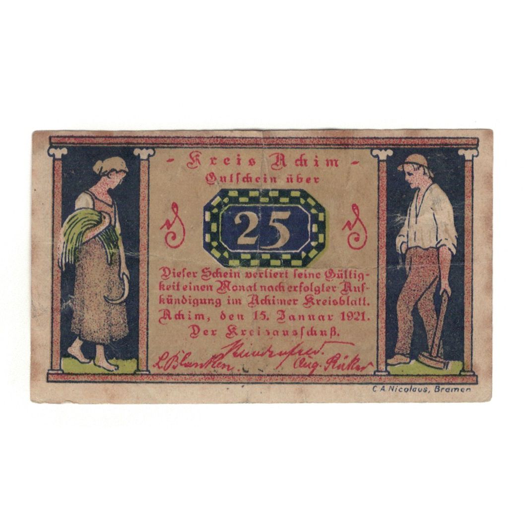 Banknote, Germany, Achim Kreis, 25 Pfennig, paysage 2, 1921, 1921-01-15