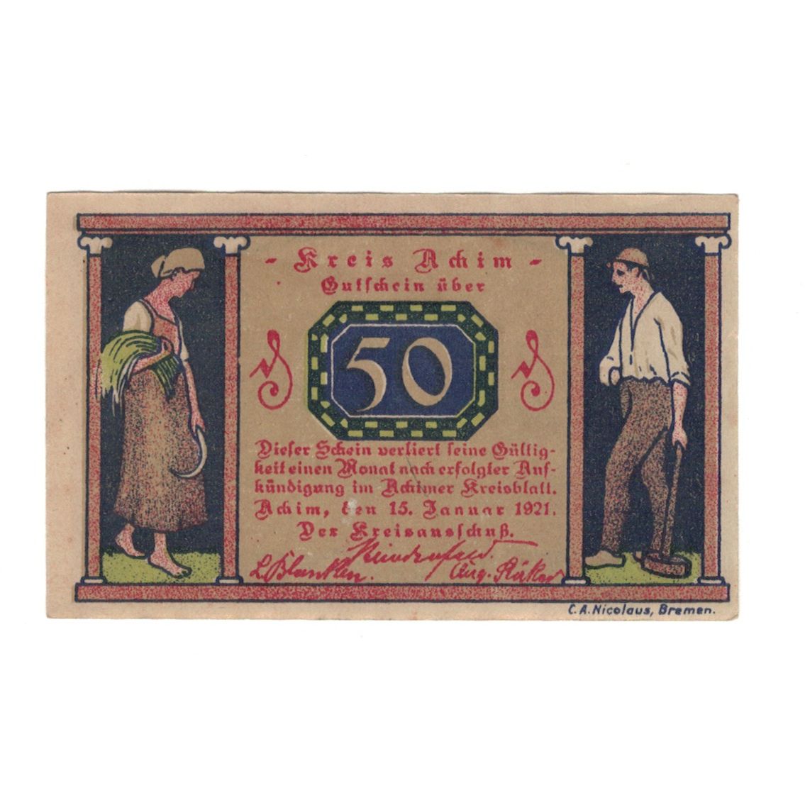 Banknot, Niemcy, Achim Kreis, 50 Pfennig, village, 1921, 1921-01-15, AU(55-58)