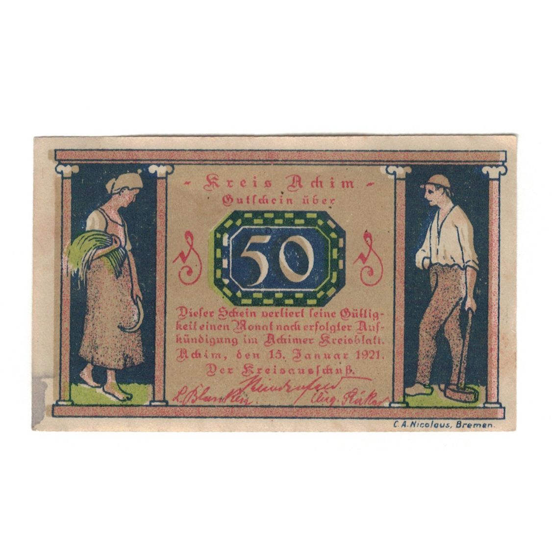 Geldschein, Deutschland, Achim Kreis, 50 Pfennig, village 2, 1921, 1921-01-15