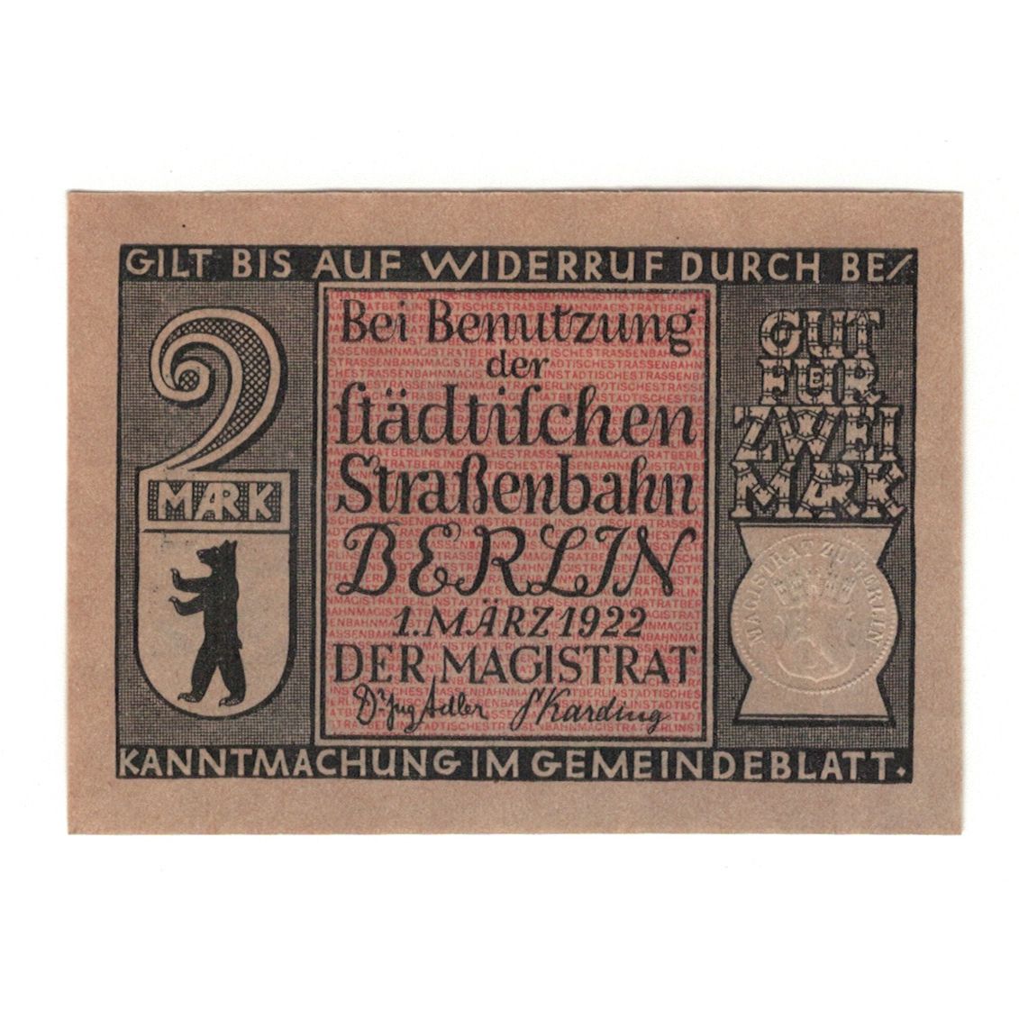 Banknot, Niemcy, Berlin Stadt, 2 Mark, Pont 2, 1922, 1922-03-01, AU(55-58)