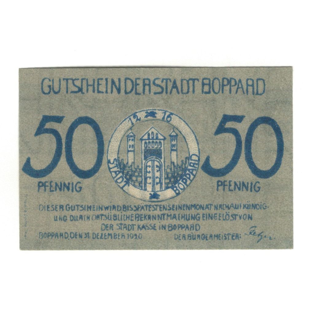 Banknot, Niemcy, Boppard Stadt, 50 Pfennig, village, 1920, 1920-12-31