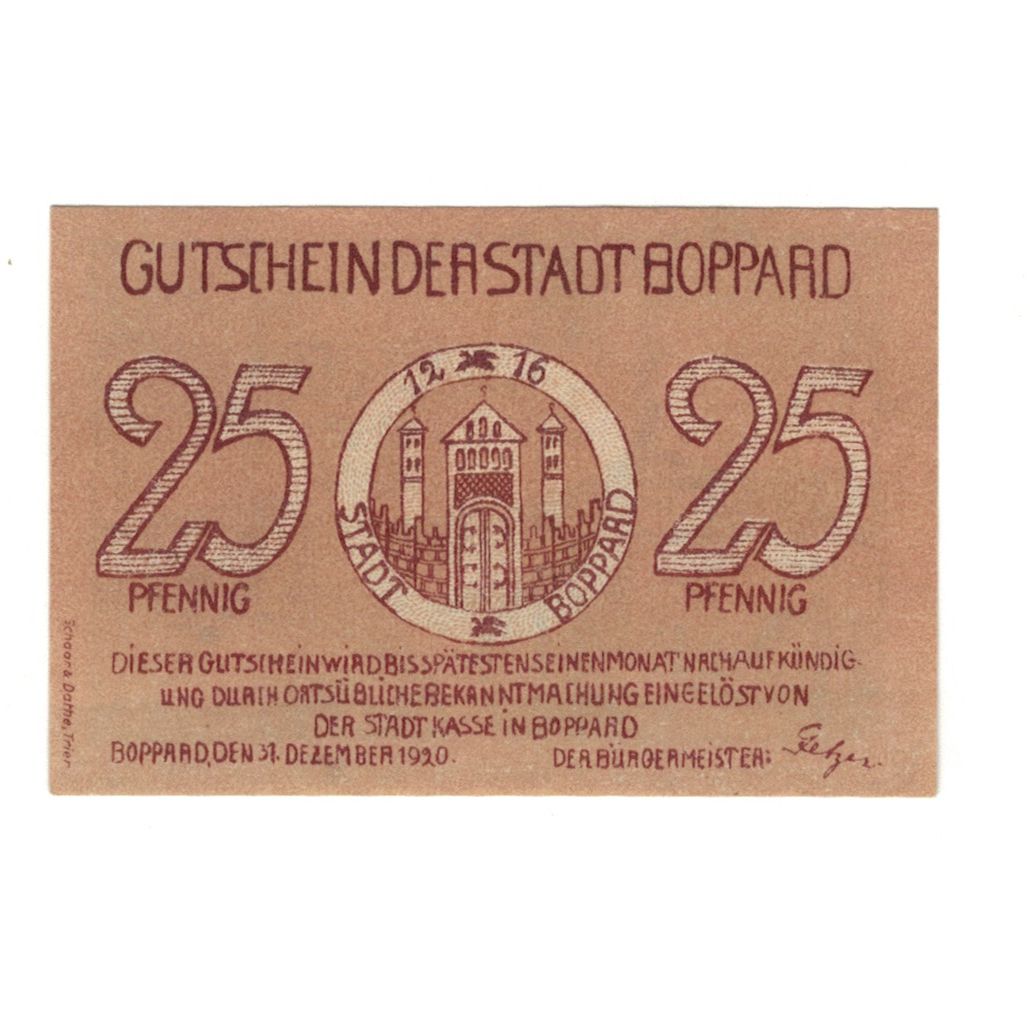 Geldschein, Deutschland, Boppard Stadt, 25 Pfennig, village, 1920, 1920-12-31