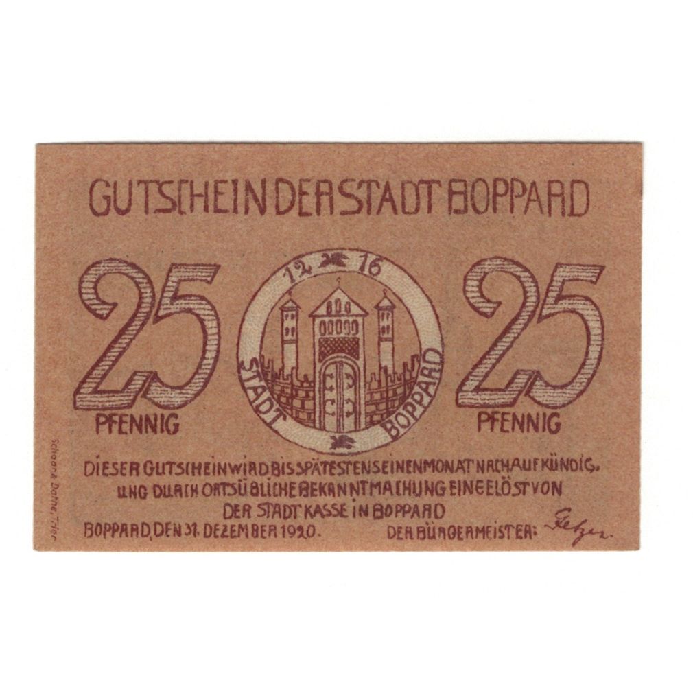Banknot, Niemcy, Boppard Stadt, 25 Pfennig, village 1, 1920, 1920-12-31