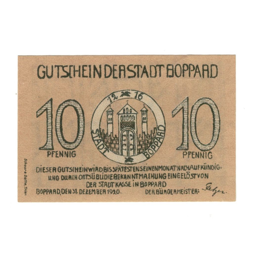 Banknot, Niemcy, Boppard Stadt, 10 Pfennig, Maison, 1920, 1920-12-31, AU(55-58)