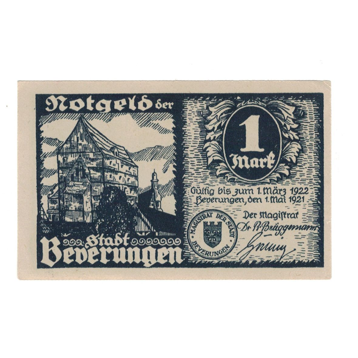 Banknote, Germany, Beverungen Stadt, 1 Mark, maison 3, 1921, 1922-03-01