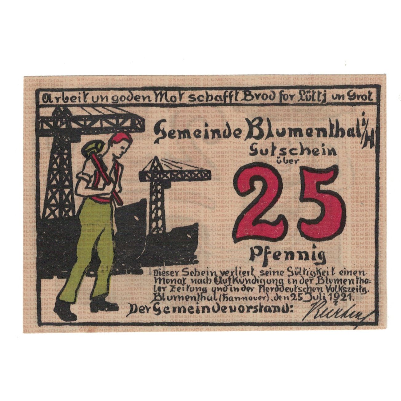 Banknot, Niemcy, Blumenthal Gemeinde, 25 Pfennig, personnage, 1921, 1921-07-25