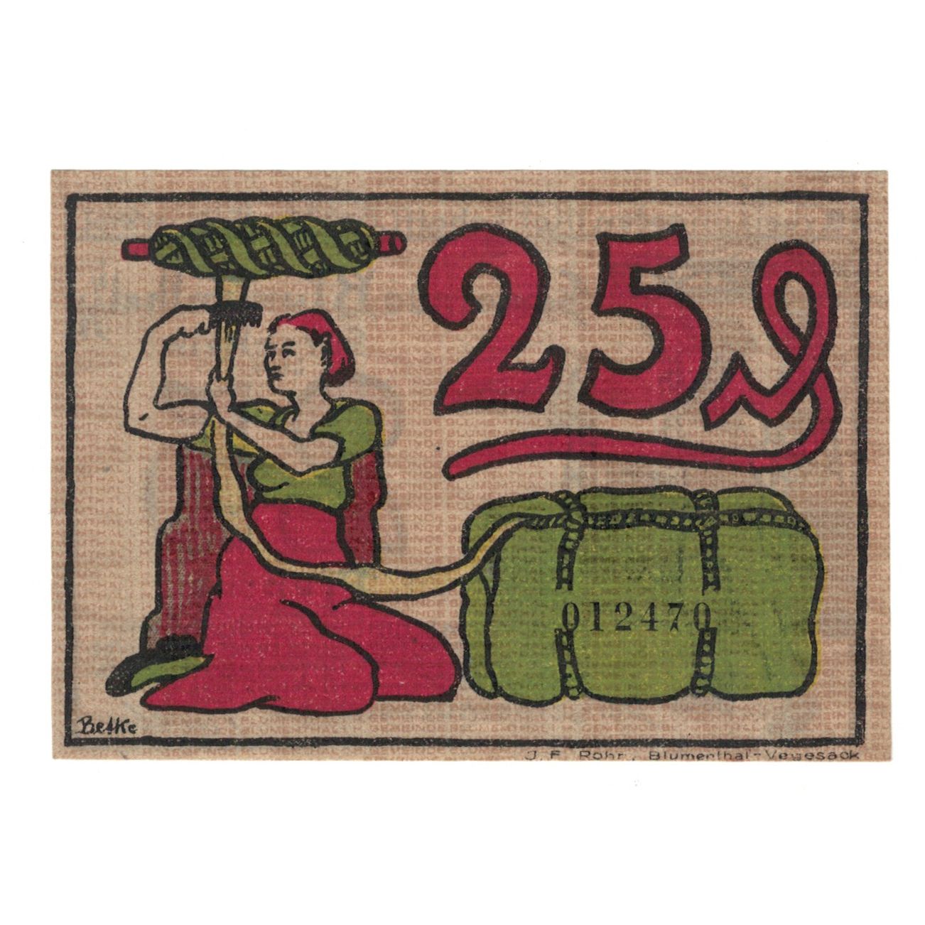 Banknot, Niemcy, Blumenthal Gemeinde, 25 Pfennig, personnage, 1921, 1921-07-25