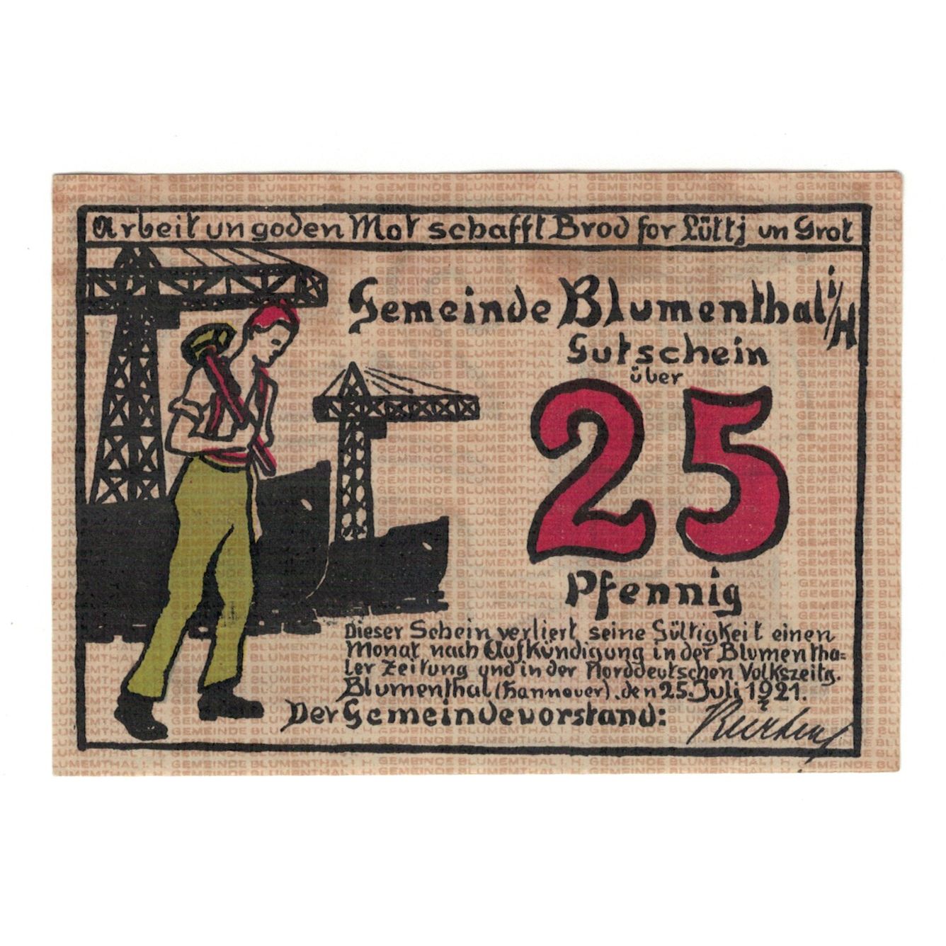 Geldschein, Deutschland, Blumenthal Gemeinde, 25 Pfennig, personnage, 1921