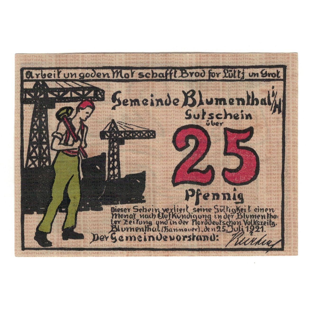Banknot, Niemcy, Blumenthal Gemeinde, 25 Pfennig, personnage 2, 1921