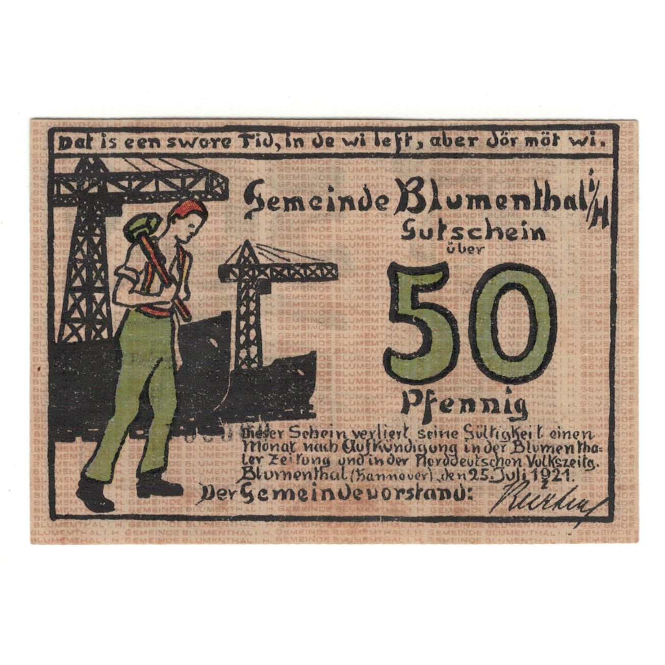 Banknot, Niemcy, Blumenthal Gemeinde, 50 Pfennig, personnage, 1921, 1921-07-25