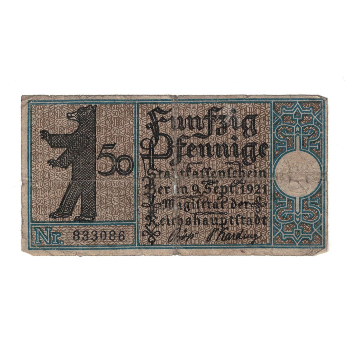 Banknot, Niemcy, Berlin Stadt, 50 Pfennig, voilier, 1921, 1921-09-09, AU(55-58)