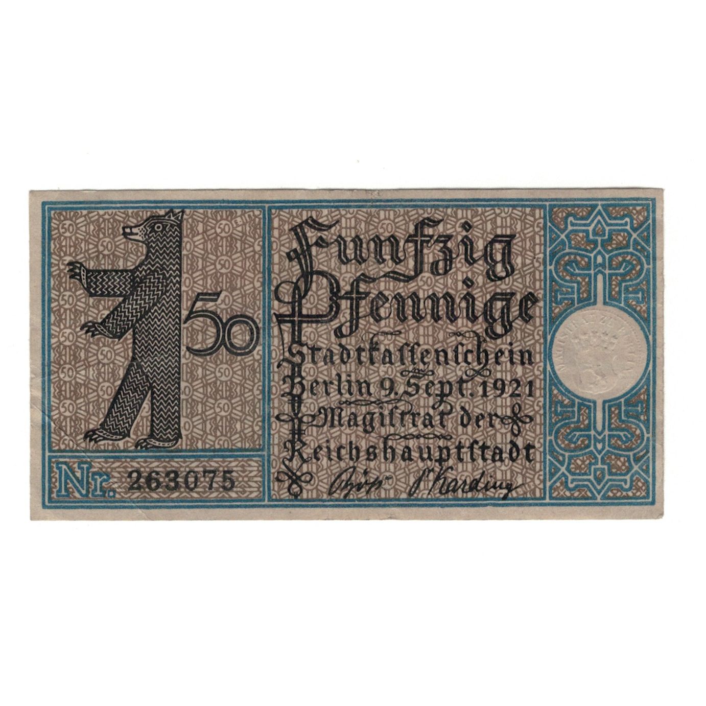 Banknot, Niemcy, Berlin Stadt, 50 Pfennig, ferme, 1921, 1921-09-09, AU(55-58)