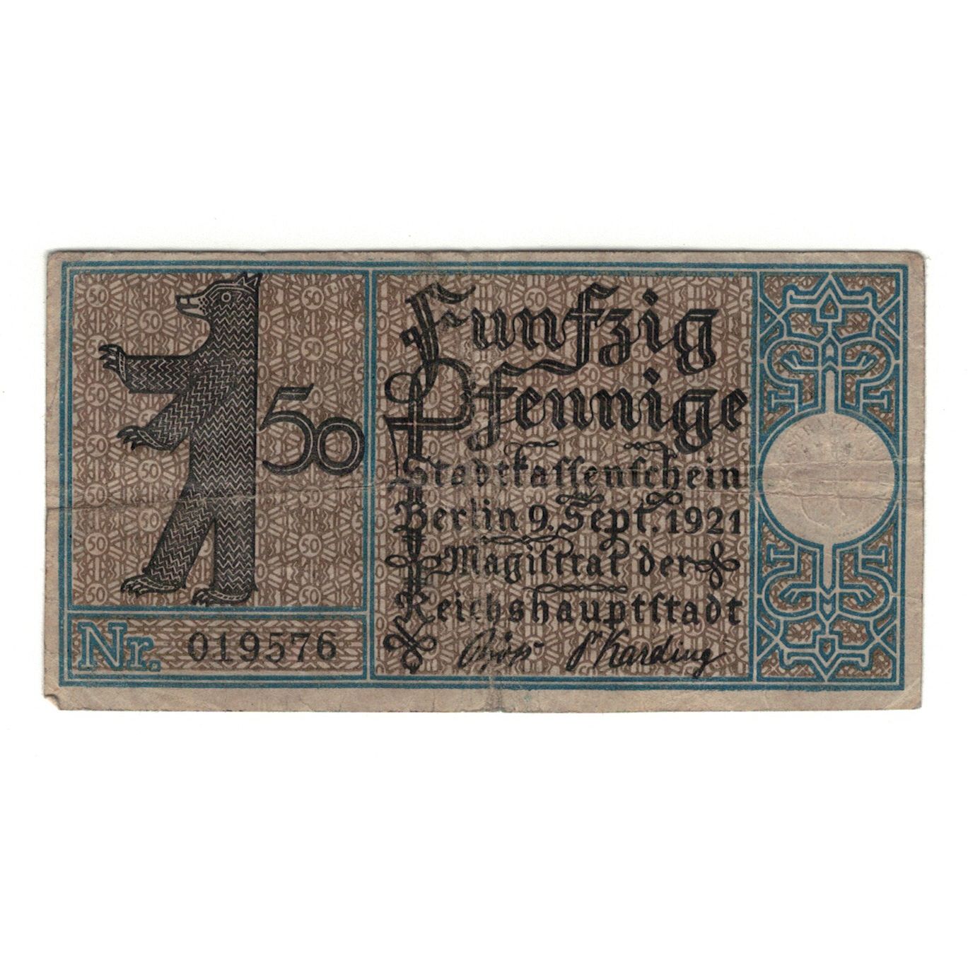 Banknot, Niemcy, Berlin Stadt, 50 Pfennig, cheval, 1921, 1921-09-09, AU(55-58)