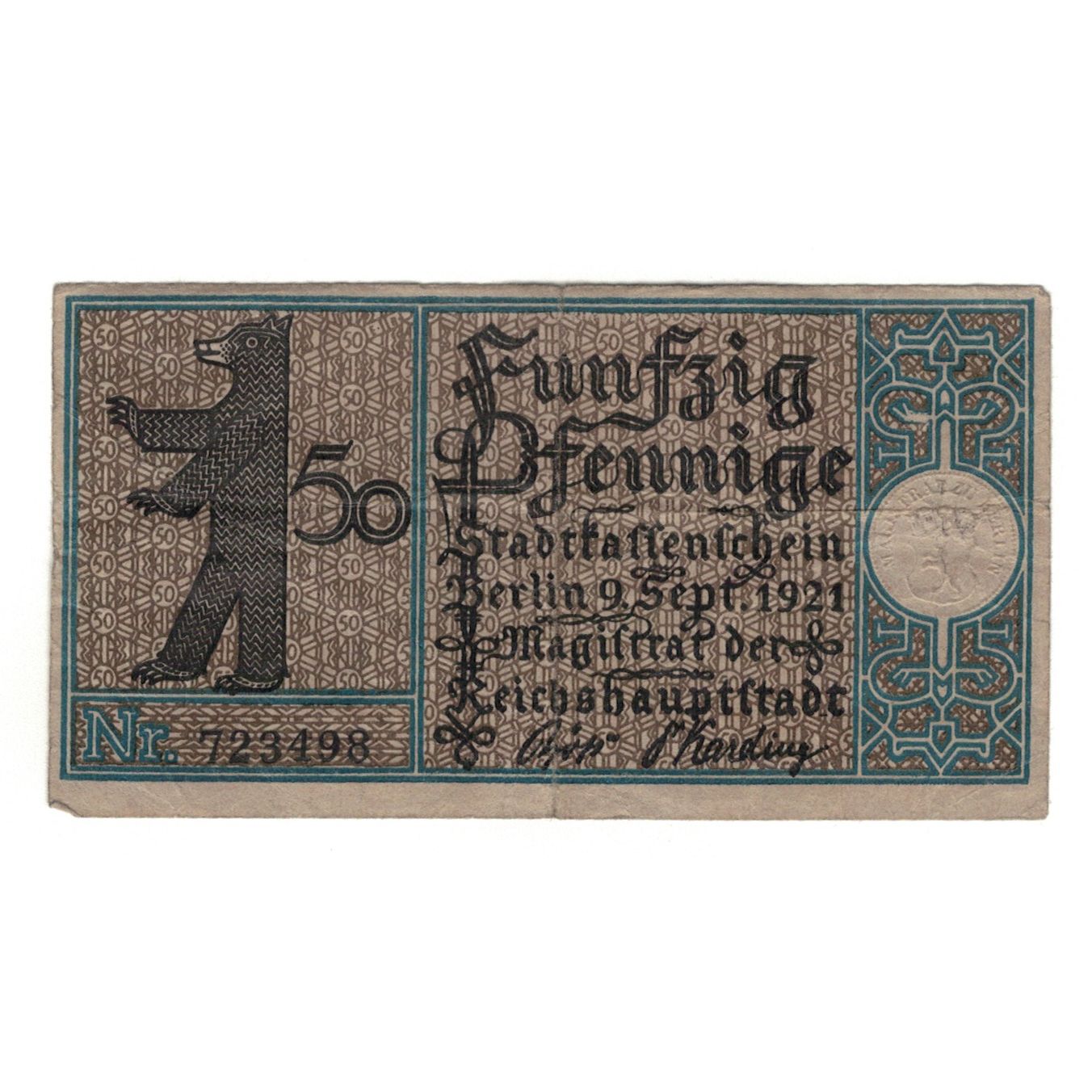 Banknot, Niemcy, Berlin Stadt, 50 Pfennig, Cheval 1, 1921, 1921-09-09