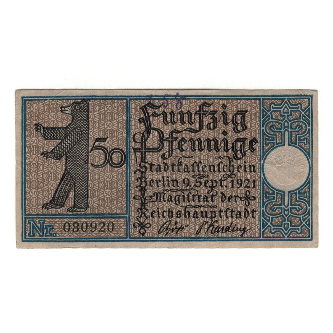 Banknot, Niemcy, Berlin Stadt, 50 Pfennig, calèche 1, 1921, 1921-09-09