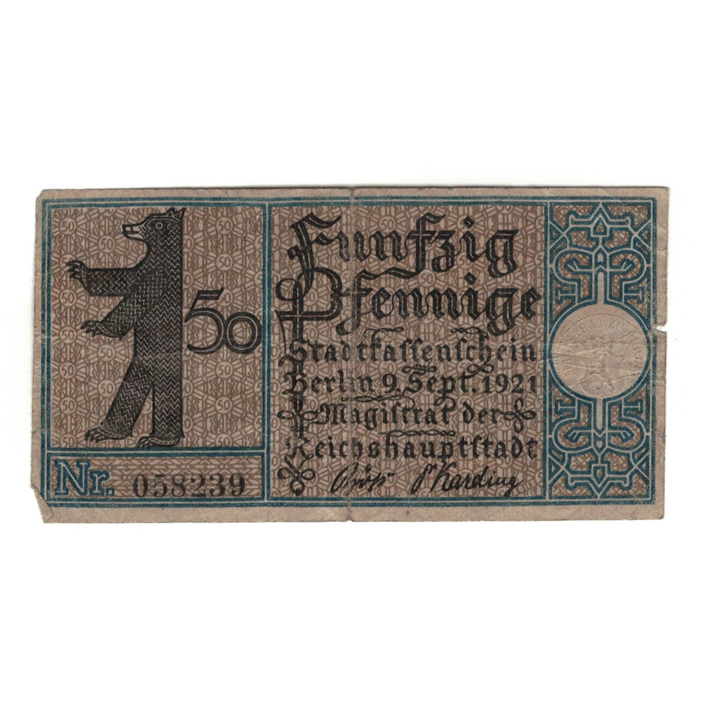 Banknot, Niemcy, Berlin Stadt, 50 Pfennig, calèche 2, 1921, 1921-09-09