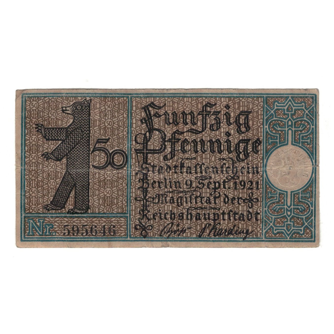 Banknot, Niemcy, Berlin Stadt, 50 Pfennig, calèche 3, 1921, 1921-09-09