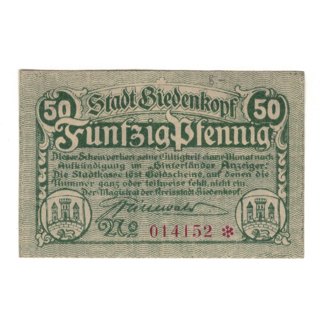 Banknot, Niemcy, Biedenkopf Stadt, 50 Pfennig, chateau 1, 1920, 1920-08-15