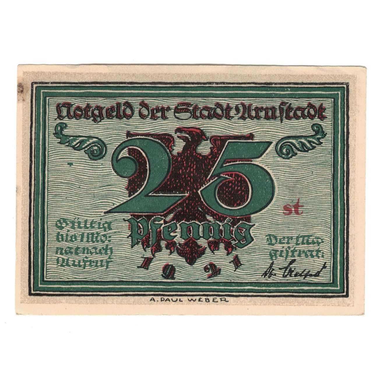 Banknot, Niemcy, Arnstadt Stadt, 25 Pfennig, maison 2, 1921, AU(55-58)