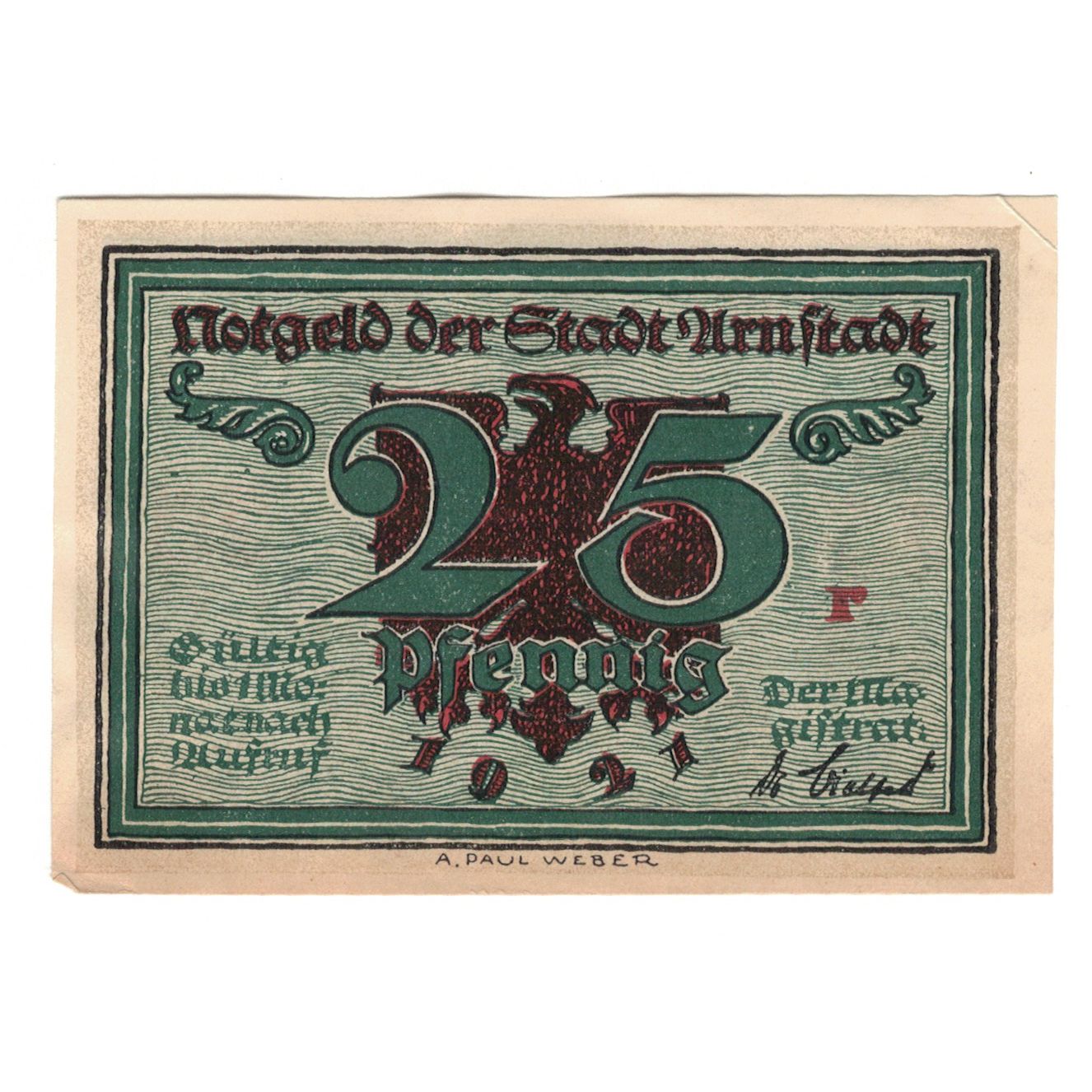 Banknot, Niemcy, Arnstadt Stadt, 25 Pfennig, Fontaine 1, 1921, AU(55-58)