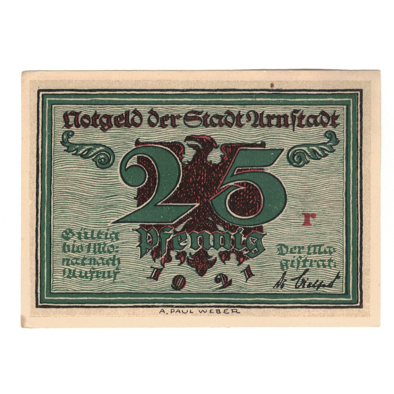 Banknot, Niemcy, Arnstadt Stadt, 25 Pfennig, Fontaine 2, 1921, AU(55-58)