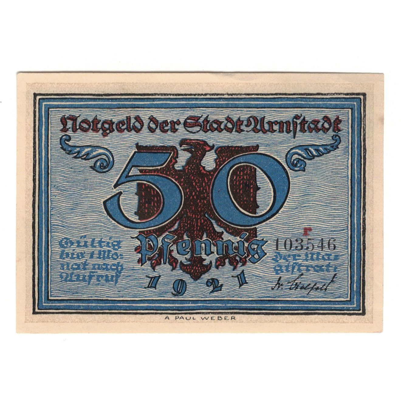 Banknot, Niemcy, Arnstadt Stadt, 50 Pfennig, bataille 1, 1921, AU(55-58)