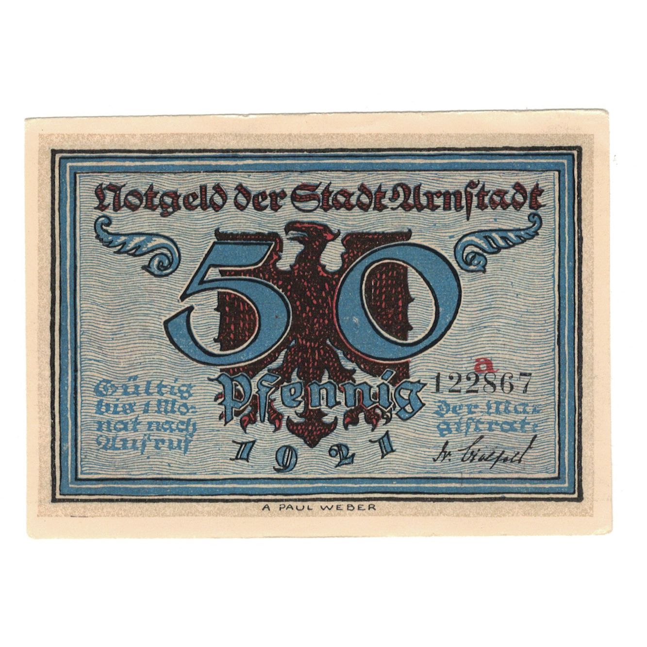 Banknot, Niemcy, Arnstadt Stadt, 50 Pfennig, village, 1921, AU(55-58), Mehl:43.2