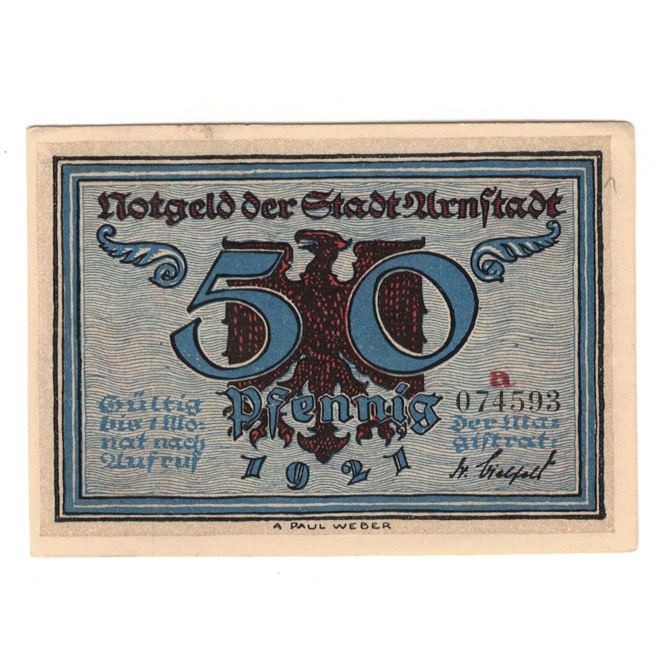 Banknote, Germany, Arnstadt Stadt, 50 Pfennig, village 1, 1921, AU(55-58)