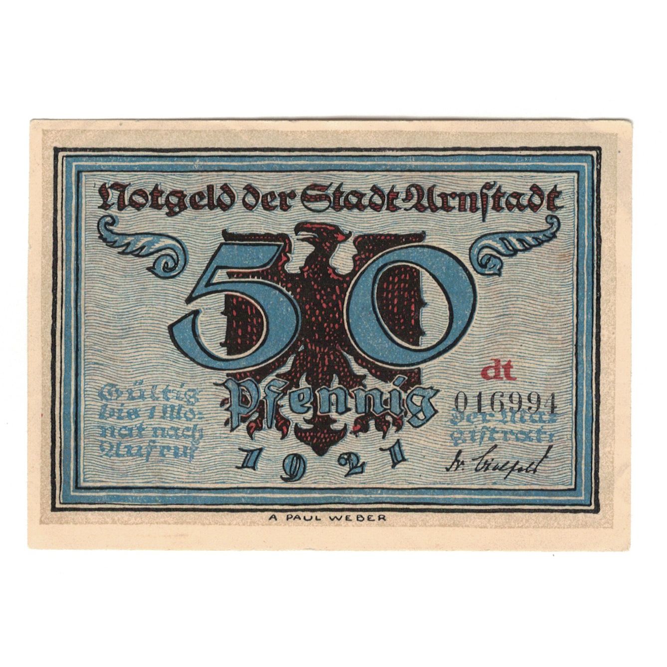 Banknot, Niemcy, Arnstadt Stadt, 50 Pfennig, bataille 2, 1921, AU(55-58)