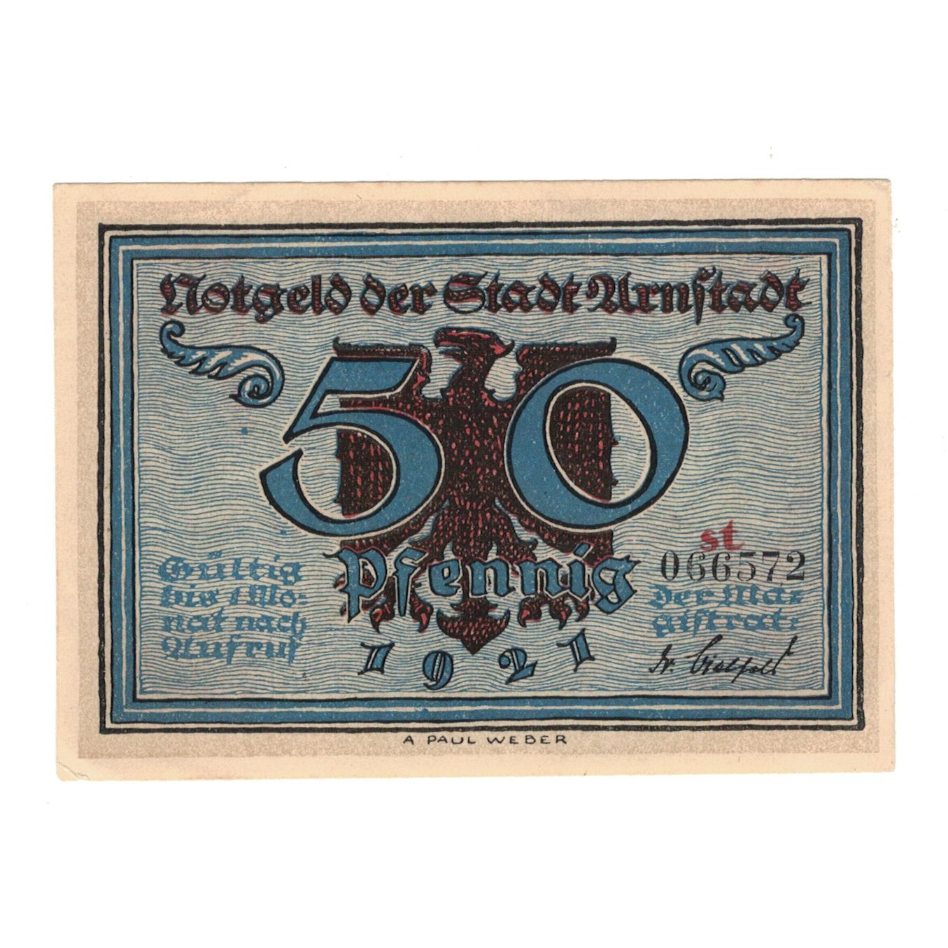 Banknot, Niemcy, Arnstadt Stadt, 50 Pfennig, feu, 1921, AU(55-58), Mehl:43.2