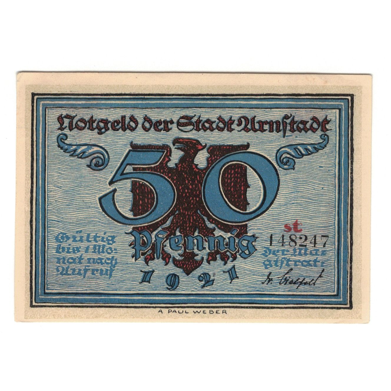 Banknot, Niemcy, Arnstadt Stadt, 50 Pfennig, feu 1, 1921, AU(55-58), Mehl:43.2