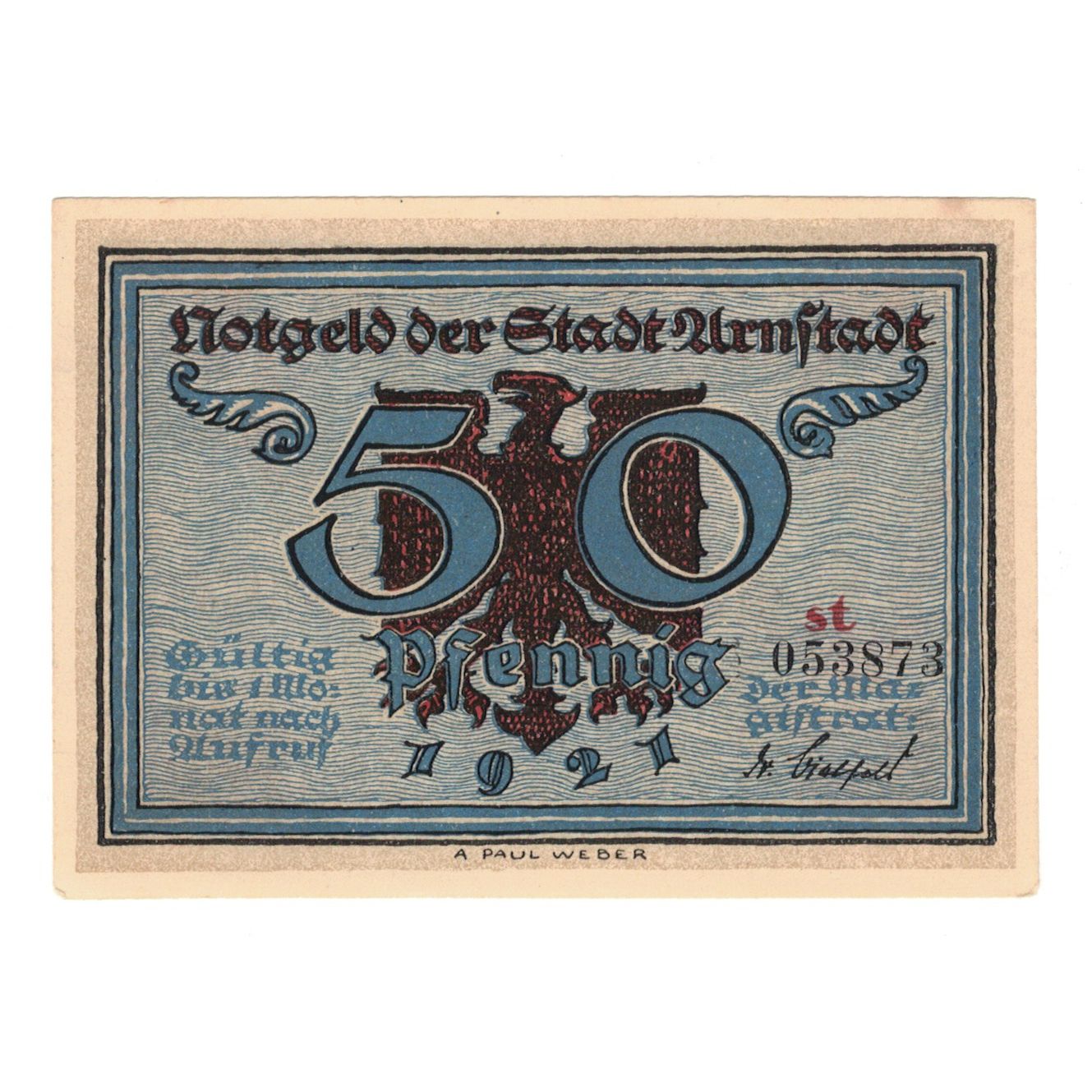 Banknot, Niemcy, Arnstadt Stadt, 50 Pfennig, feu 3, 1921, AU(55-58), Mehl:43.2