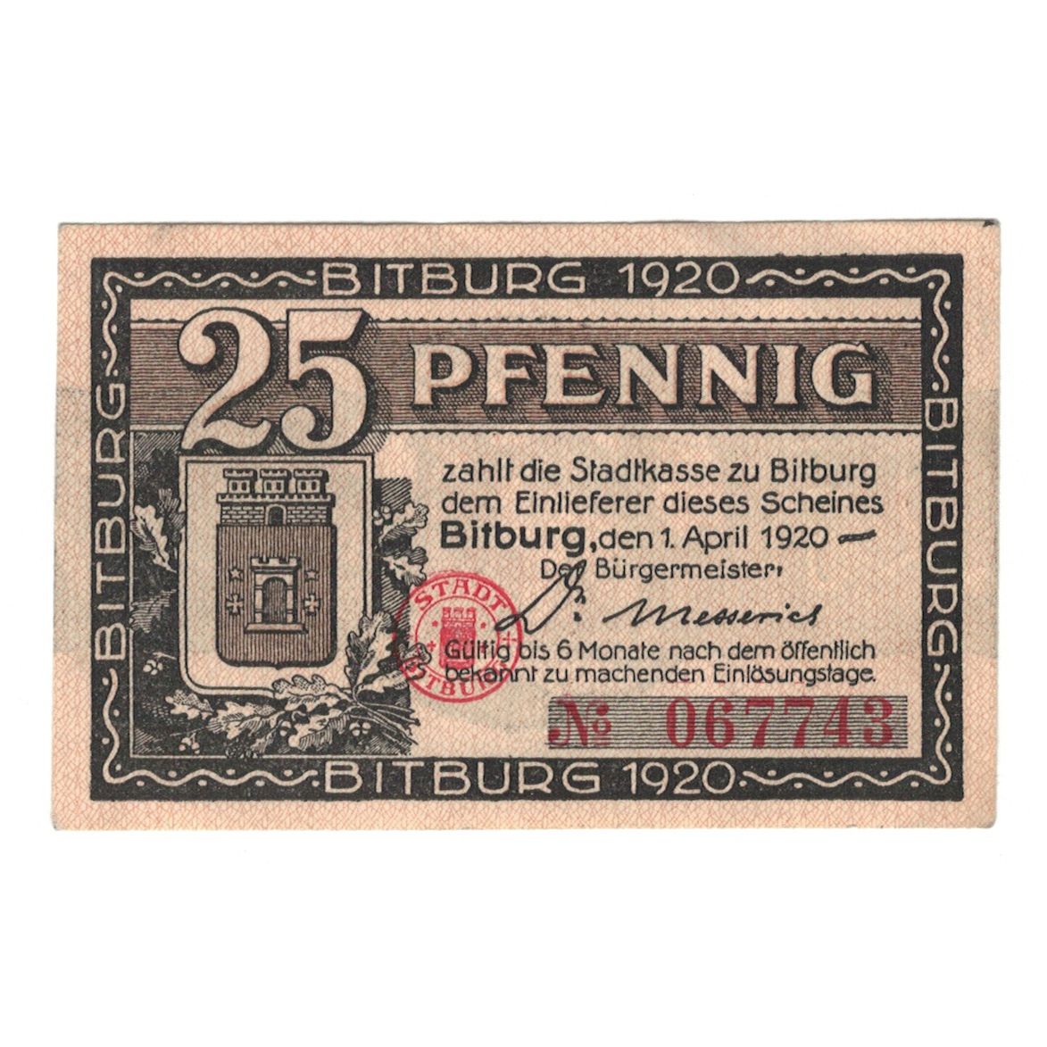 Geldschein, Deutschland, Bitburg Stadt, 25 Pfennig, valeur faciale, 1920
